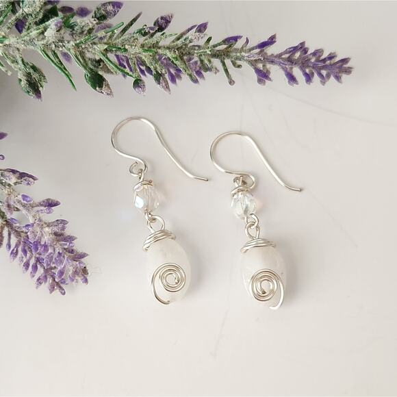 White Amazonite Dangle Earrings / Silver Wire Wrapped Amazonite Drop Earrings - Picture 1 of 12